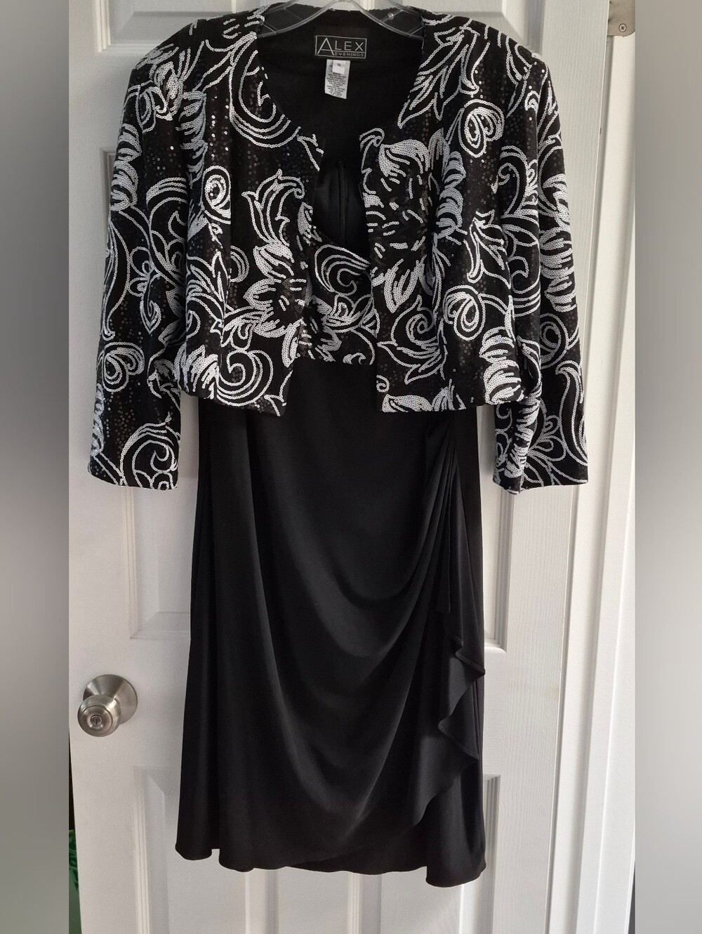 Alex Evenings Black Dress with White Sequin Bolero Jacket Size 16